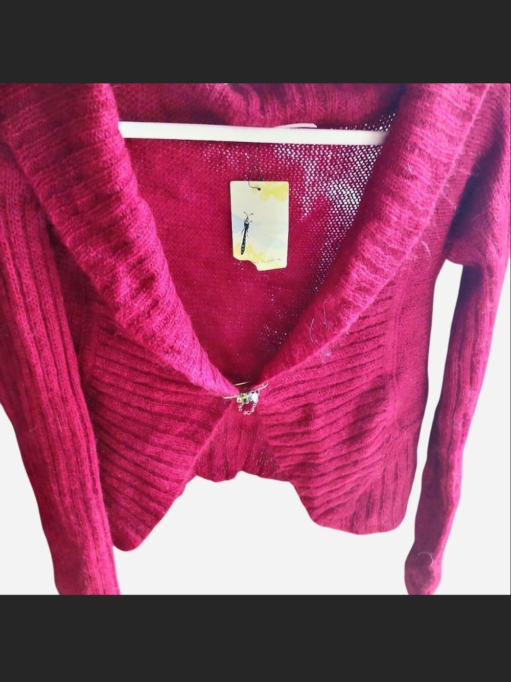 Free People Deep Red Open-Front Wool Cardigan With A Brooch